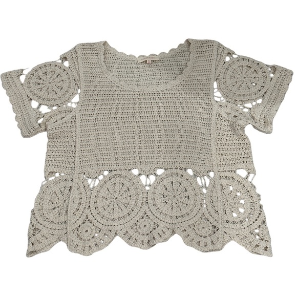 Solitaire Tops - Solitaire Crochet Lace Top XL Boho Scalloped Hem Neutral